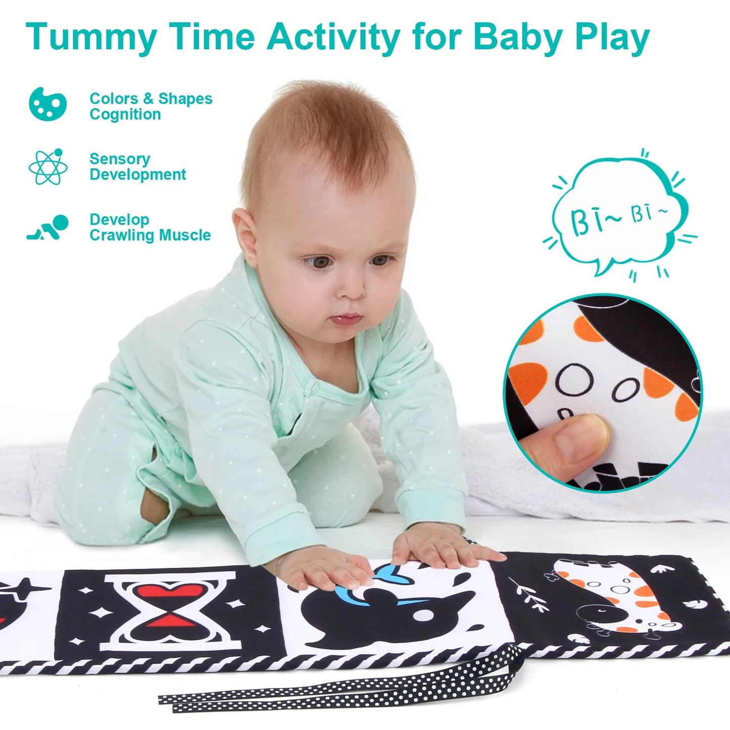 Baby playing with a tummy time activity mat featuring colors, shapes, and sensory elements.
