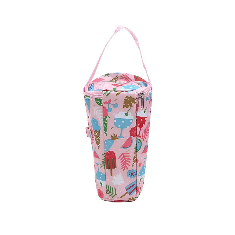 Pink insulated wine bag with summer-themed design on a white background