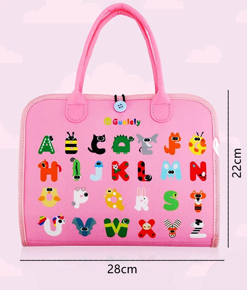 Pink bag with colorful letters and animal illustrations on a white background