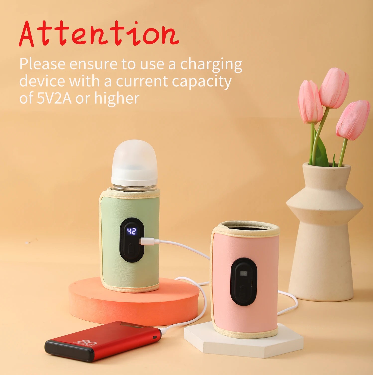 Two portable charging devices on stands with a smartphone, pink tulips in a vase, and text about charging requirements.