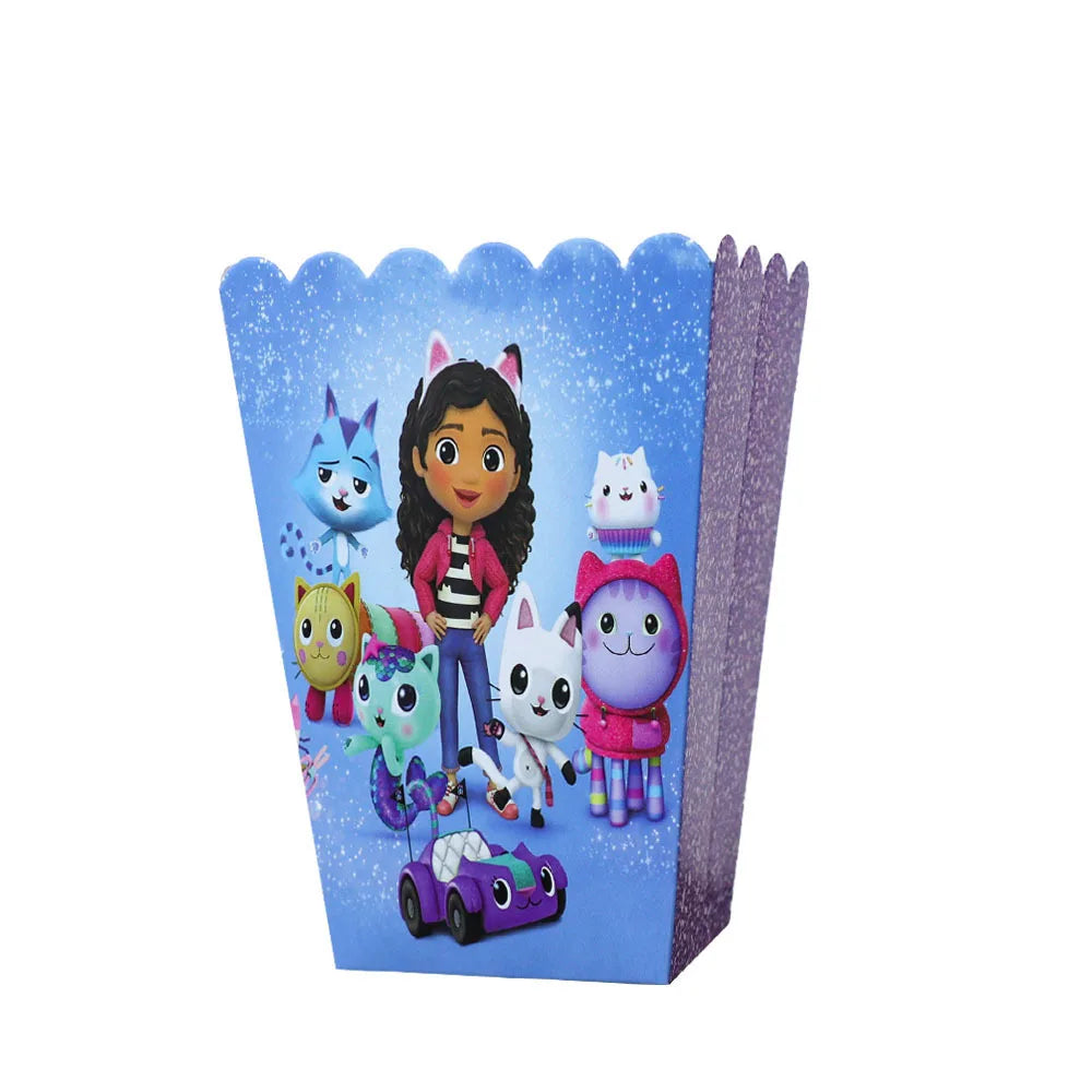 Popcorn box with animated characters on a blue background