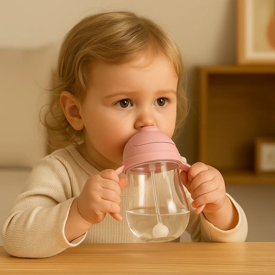 Child holding a pink sippy cup with a clear body, sitting at a table.
