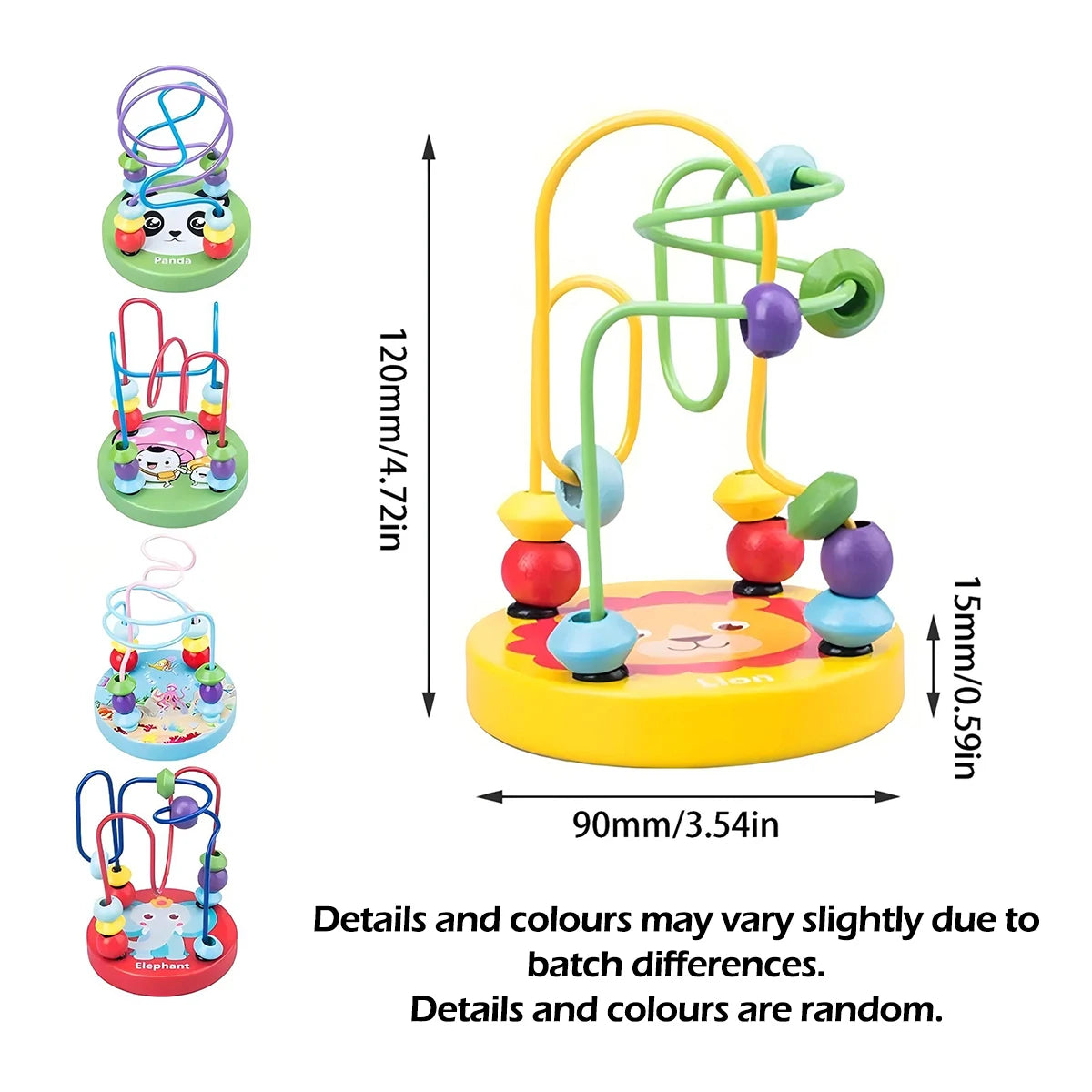 Colorful baby toy with dimensions and product details on a white background