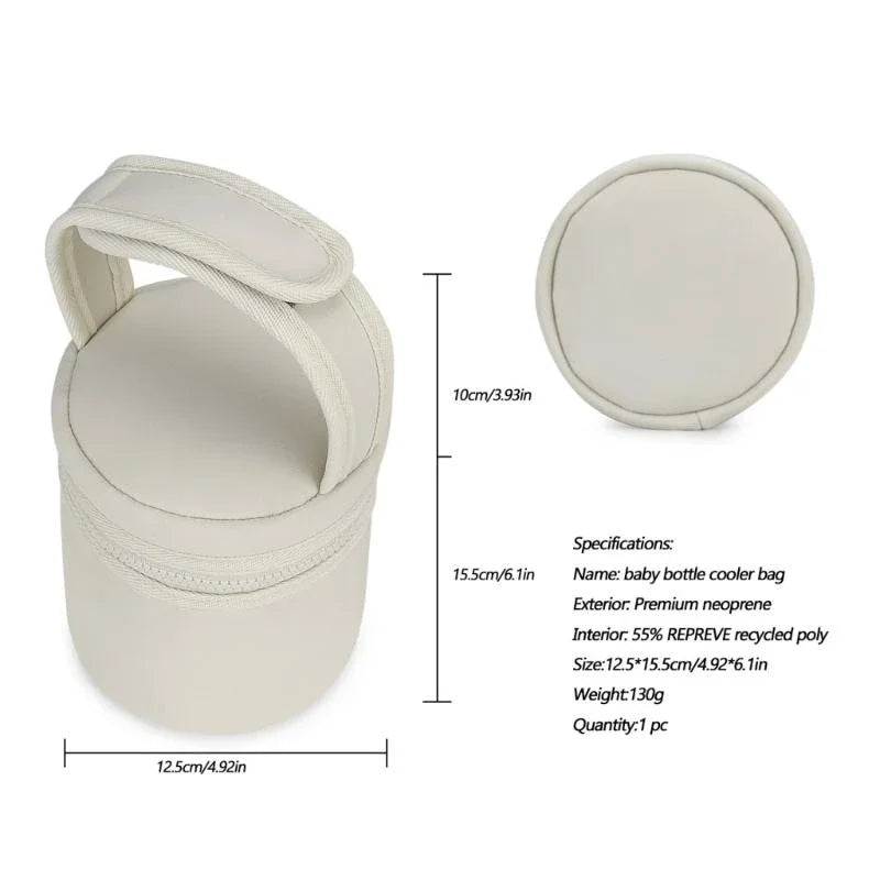 Beige baby bottle cooler bag with dimensions and specifications on a white background