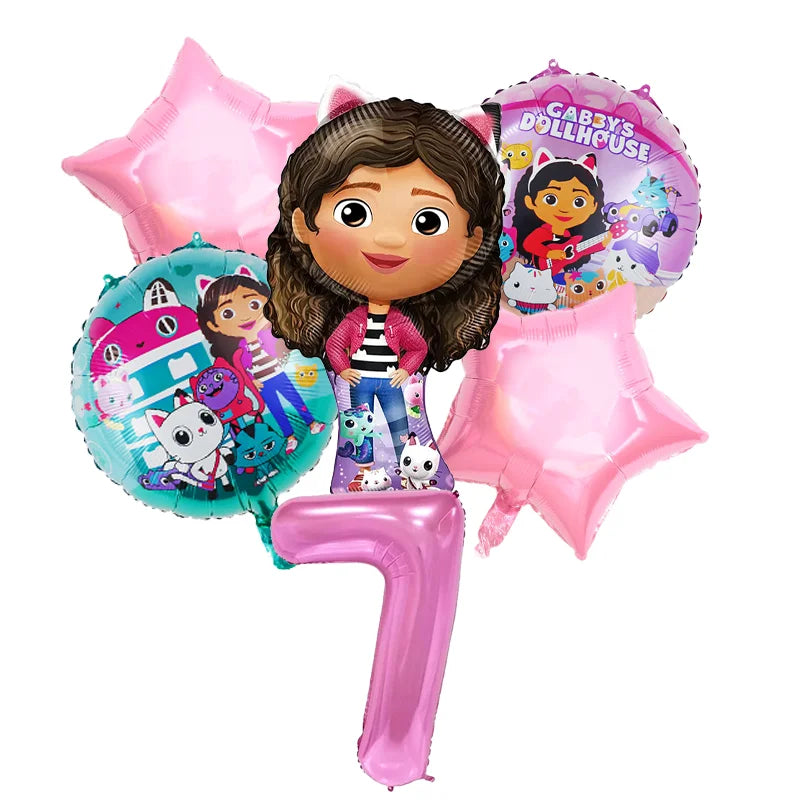 Set of balloons featuring a character from 'Gabby's Dollhouse' with a number 7 balloon on a white background.