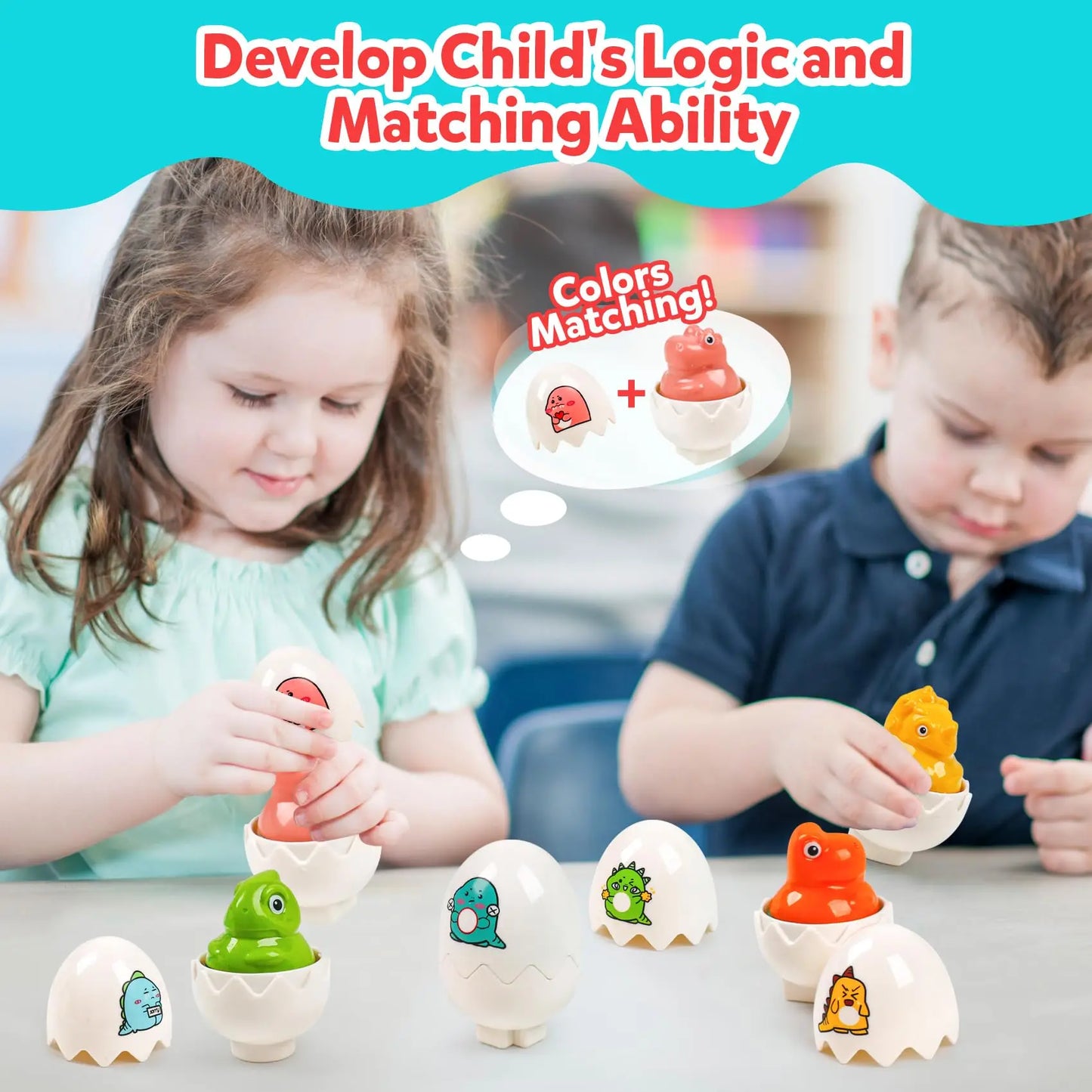 Children playing with colorful toy ducks in eggshells, developing logic and matching ability.