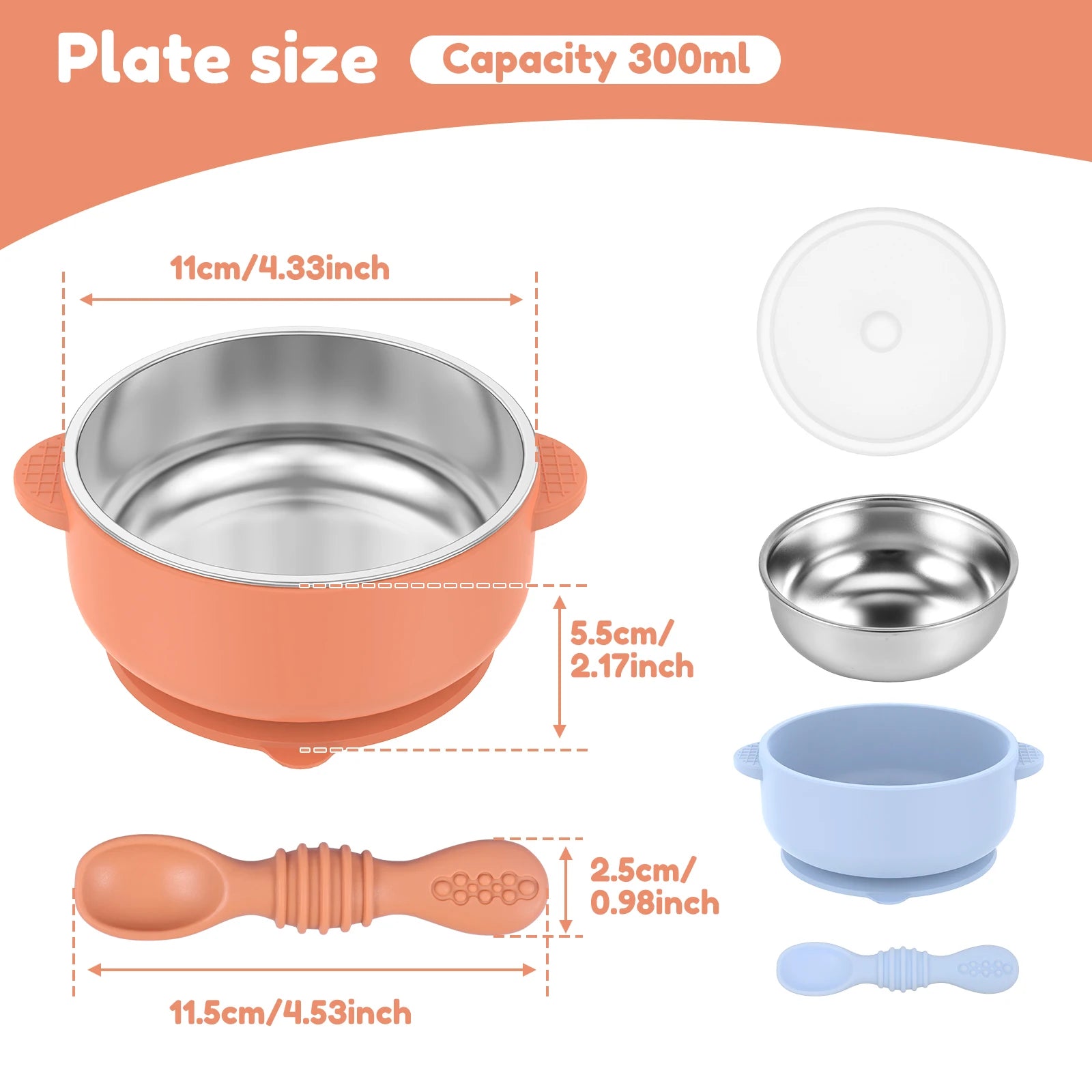 Measurement chart of a baby feeding set with bowl, spoon, and lid on a white background.
