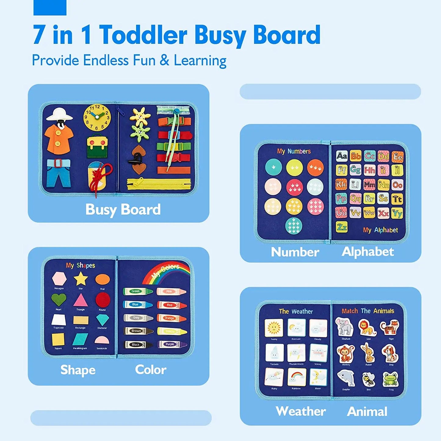 7-in-1 toddler busy board with various educational activities on a blue background