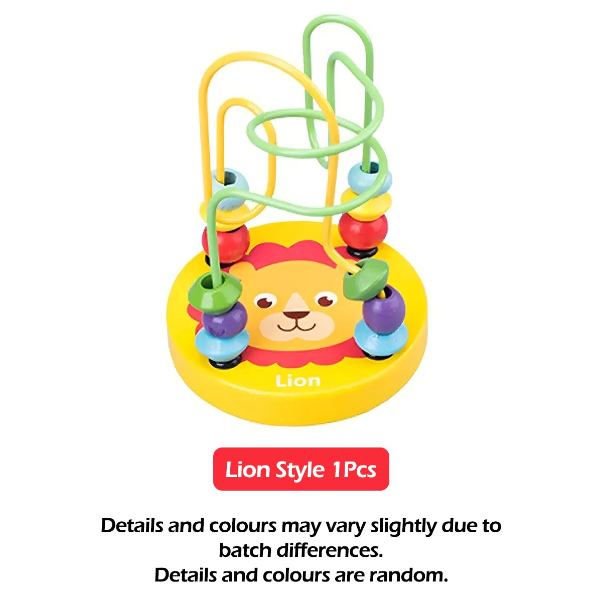Colorful lion-themed baby activity toy with beads on a white background