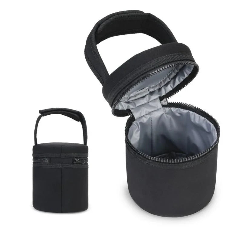 Portable insulated baby bottle warmer bag in deep blue with zip closure and carry handle for family outings.