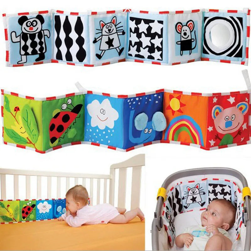 Baby play mat with colorful designs and a baby in a crib and car seat.