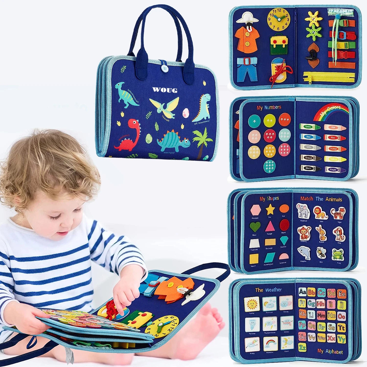 Child playing with educational toy set in a blue carrying case with various educational elements.