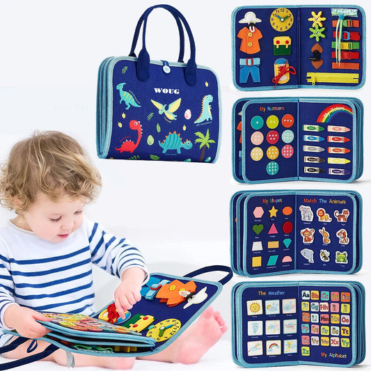 Child playing with educational toy set in a blue carrying case with various educational elements.