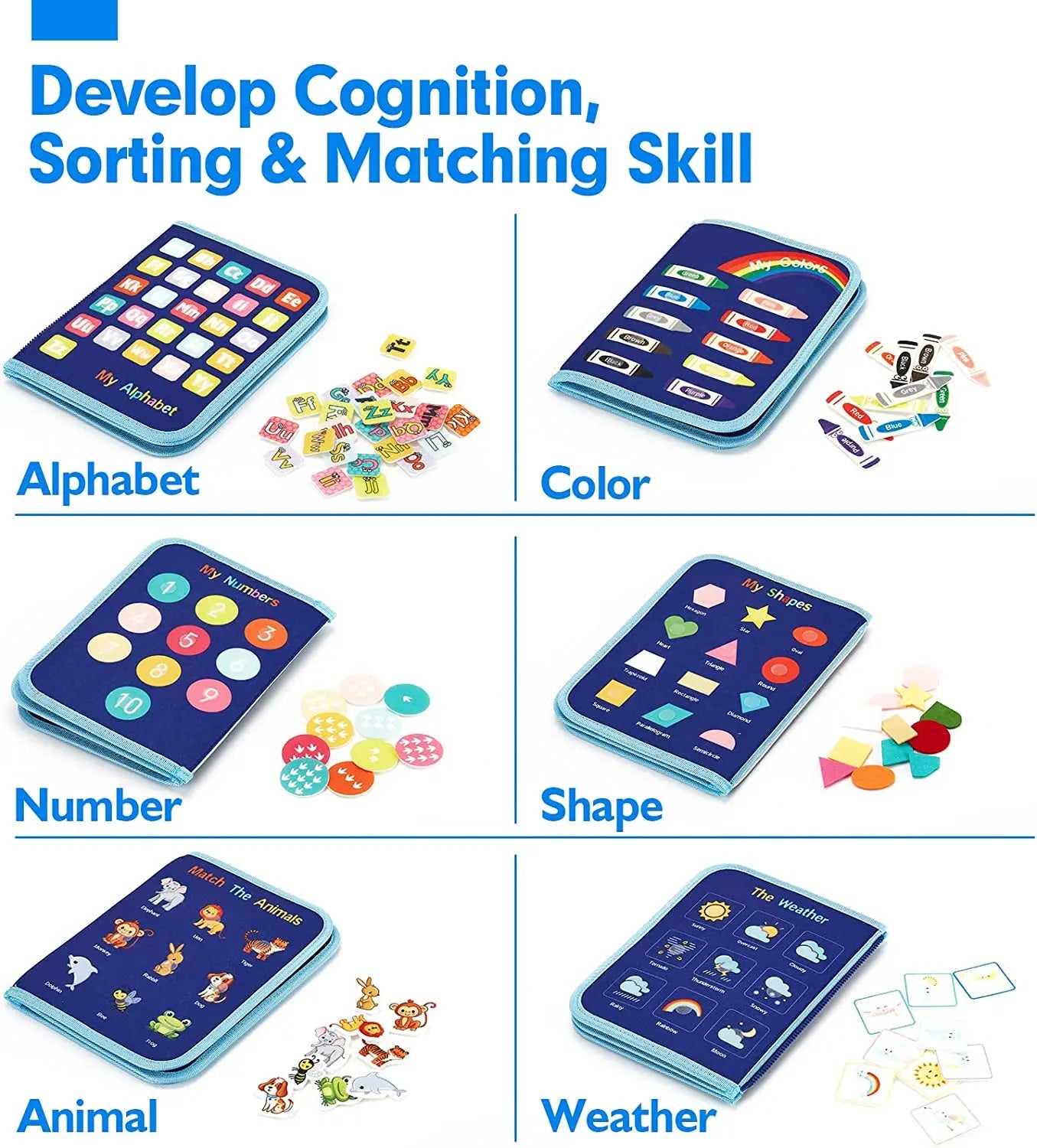 Educational toy set with cards for developing cognition, sorting, and matching skills in alphabet, color, number, shape, animal, and weather categories.