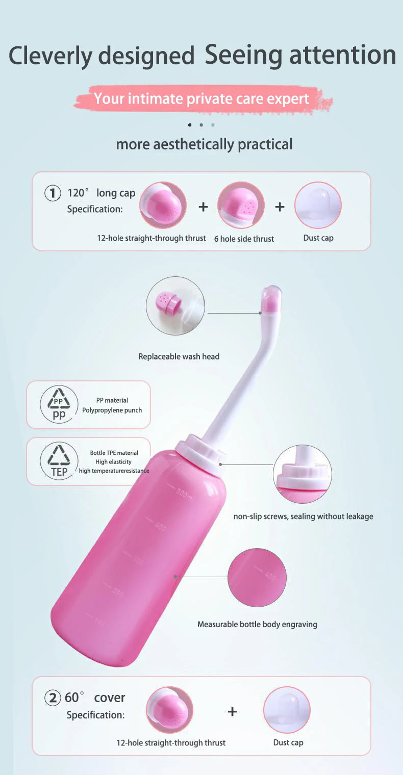Pink intimate care product with features and specifications on a light blue background