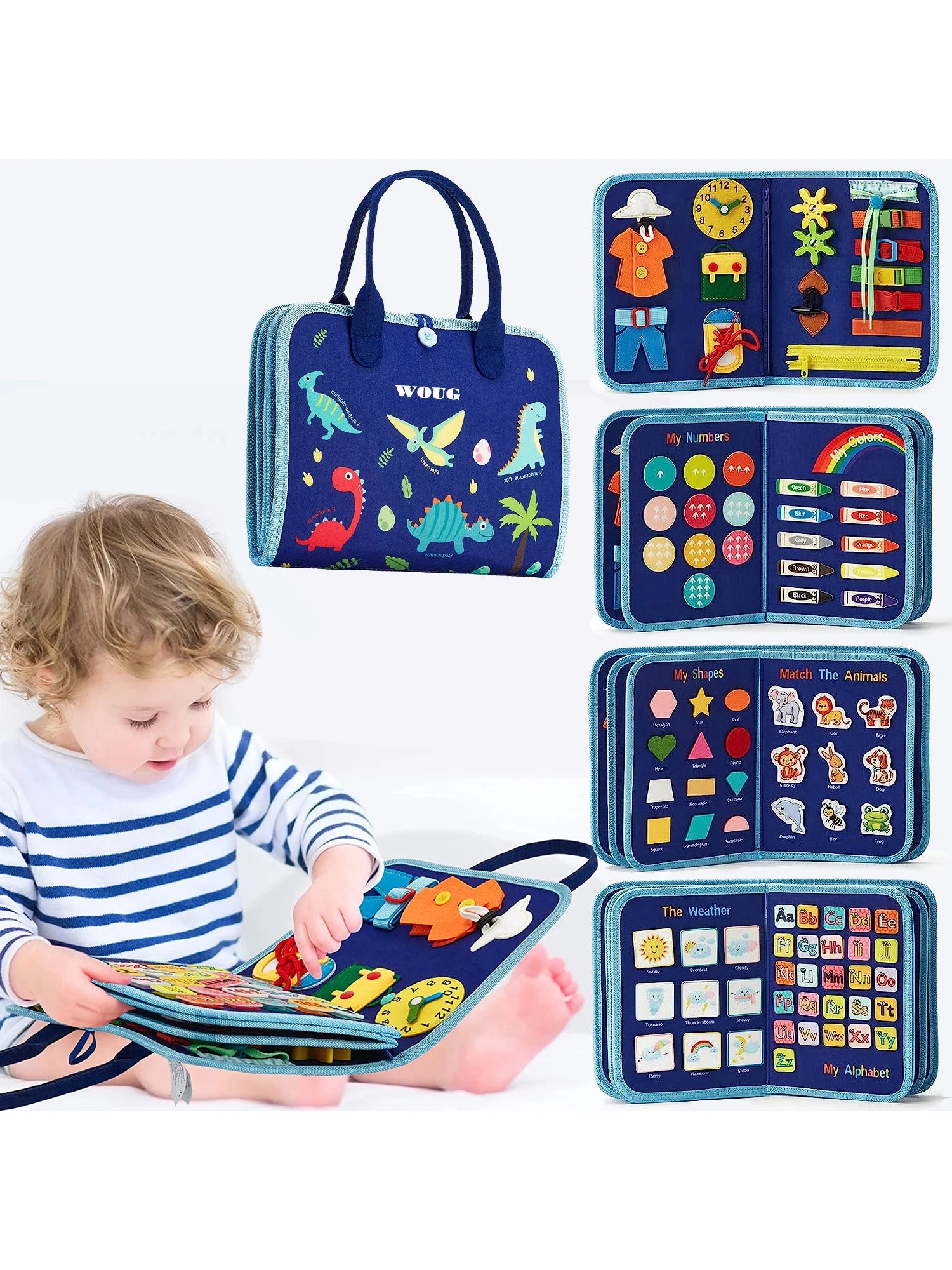 Child playing with educational toy set, including a bag and multiple books with colorful designs.