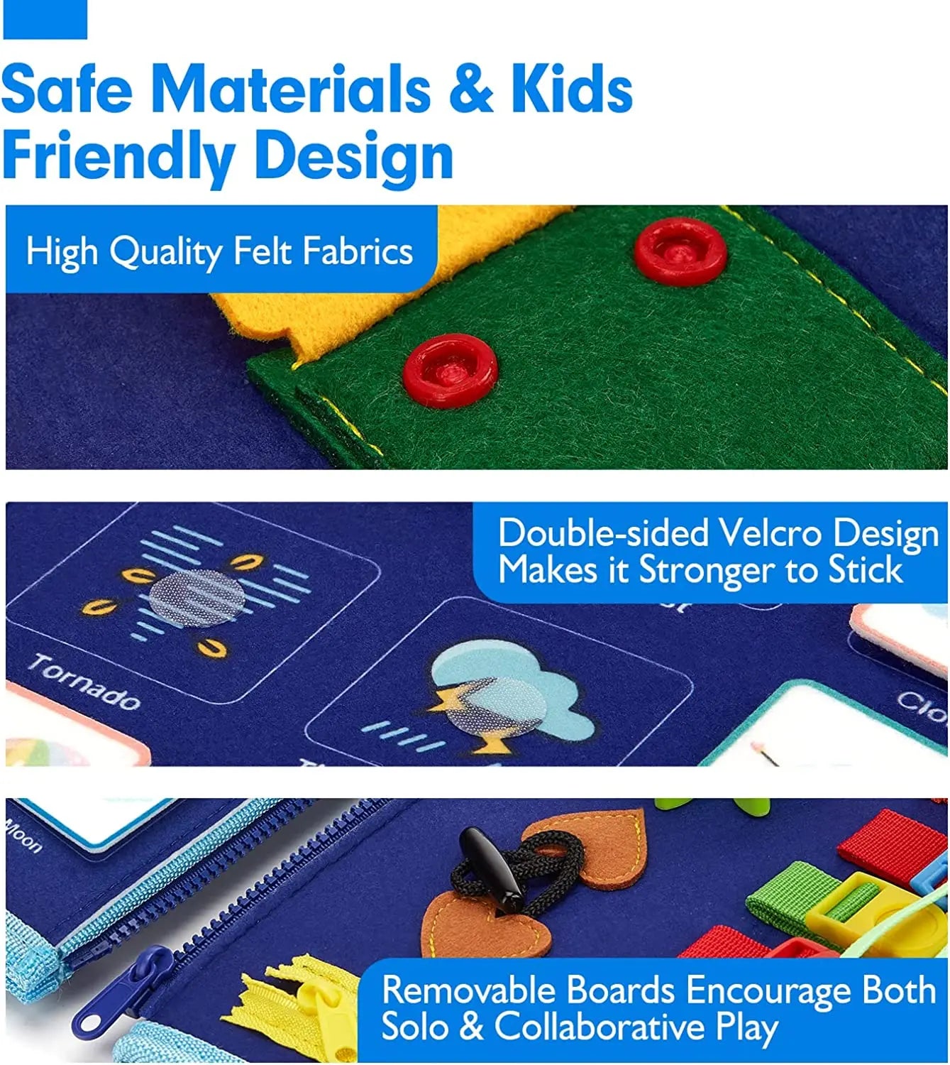 Product packaging with text highlighting safe materials, kids-friendly design, high-quality felt fabrics, double-sided Velcro, and removable boards.