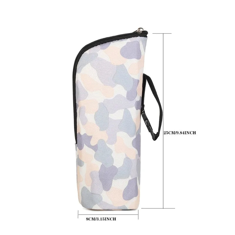 Nestacular portable infant water bottle bag in pastel camouflage pattern, insulated design for milk bottle storage.