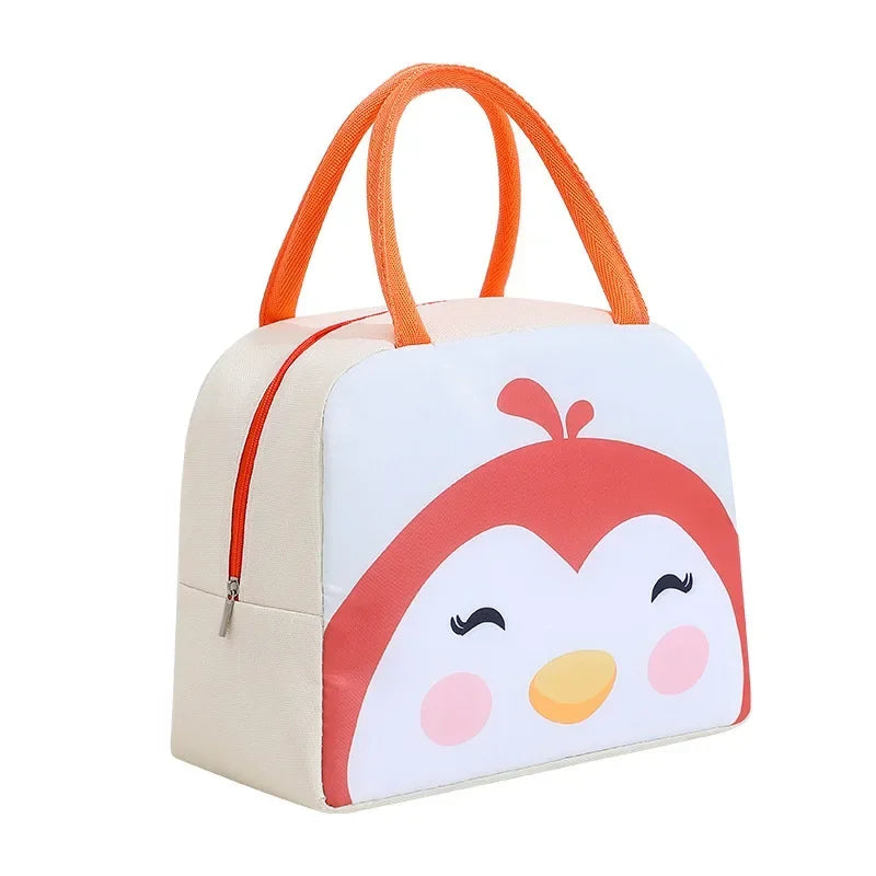 Penguin-themed handbag with orange handles on a white background