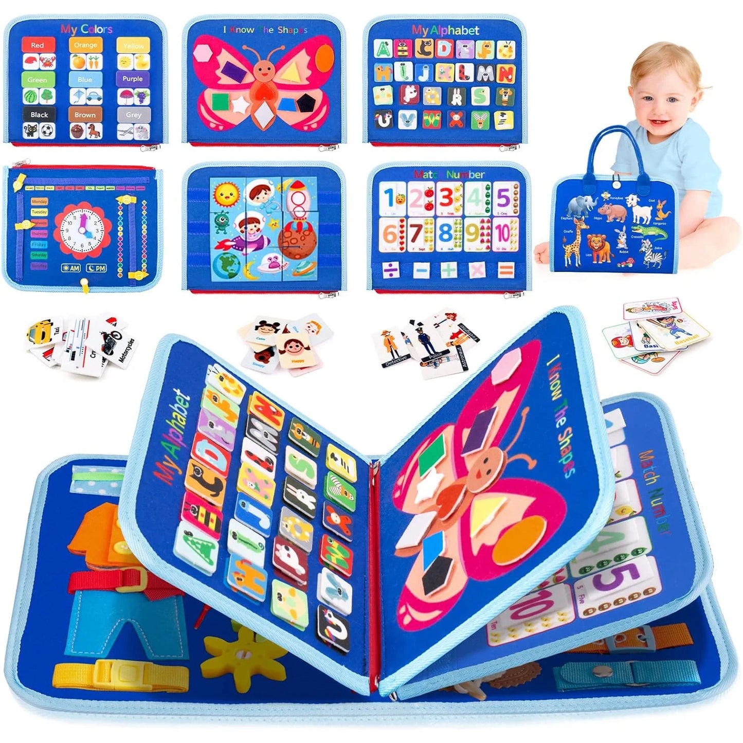 Set of educational children's books with colorful illustrations and a child holding a bag with more books.