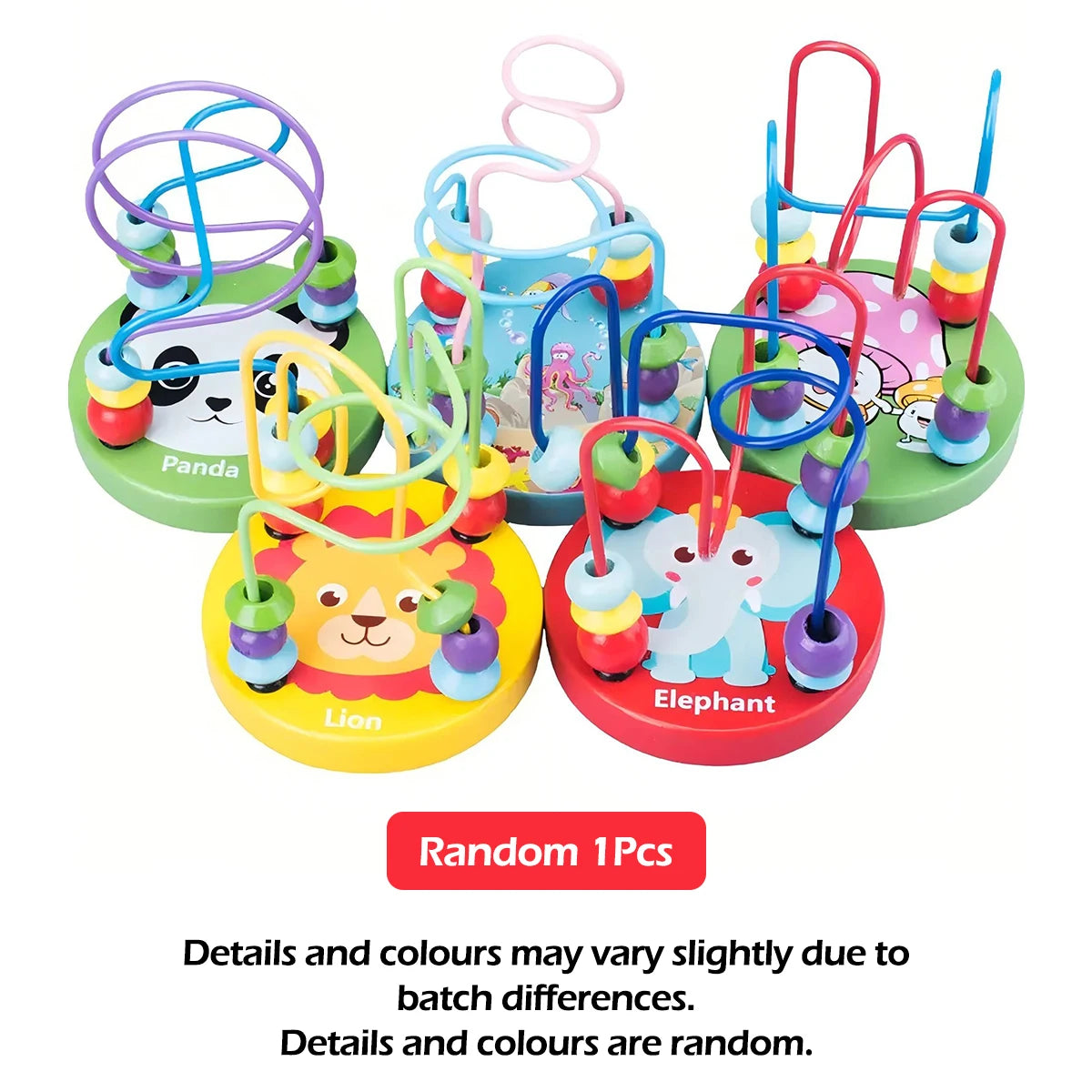Colorful children's bead maze toys with animal characters on a white background