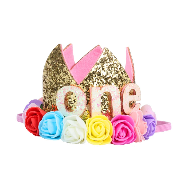 Children's birthday crown with colorful flowers and 'ONE' lettering on a white background