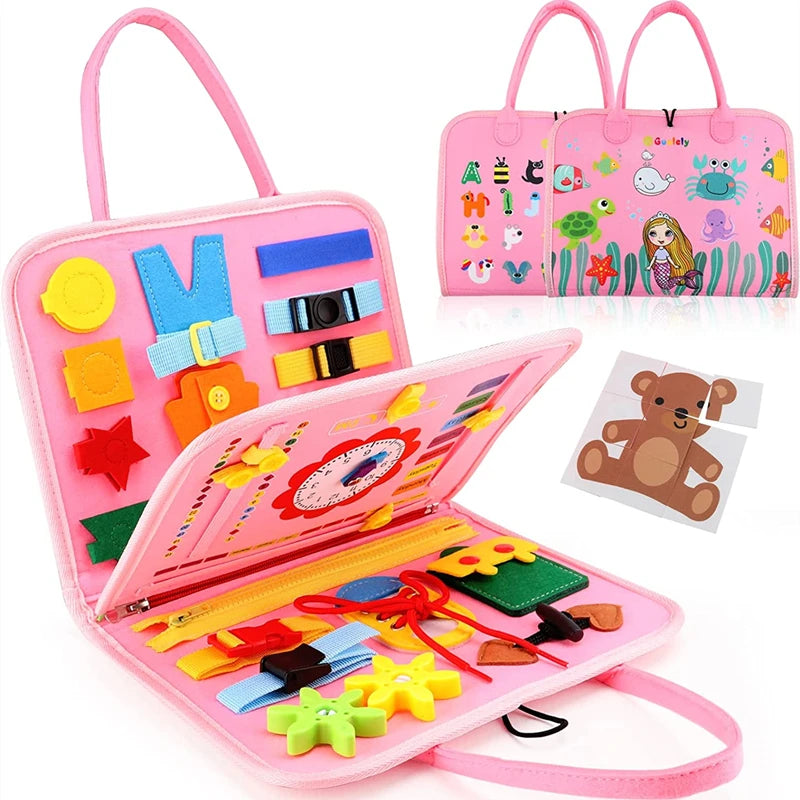 Pink educational toy set with various colorful items and a carrying case on a white background.