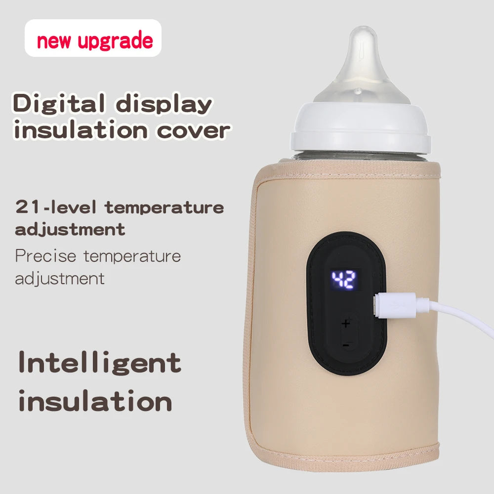 Baby milk warmer with digital display, USB charging, and 21-level temperature adjustment, covered in beige insulation.