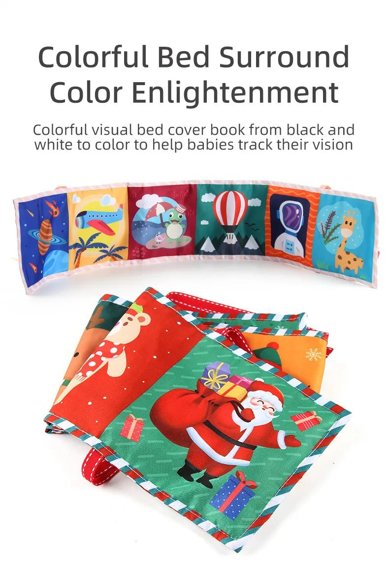 Colorful bed cover book with various designs on a white background