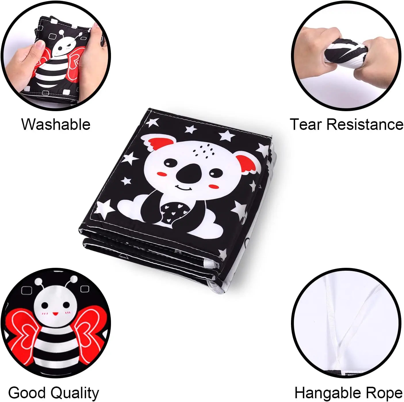 Folded black mat with cartoon design, surrounded by icons indicating washability, tear resistance, good quality, and a hangable rope.