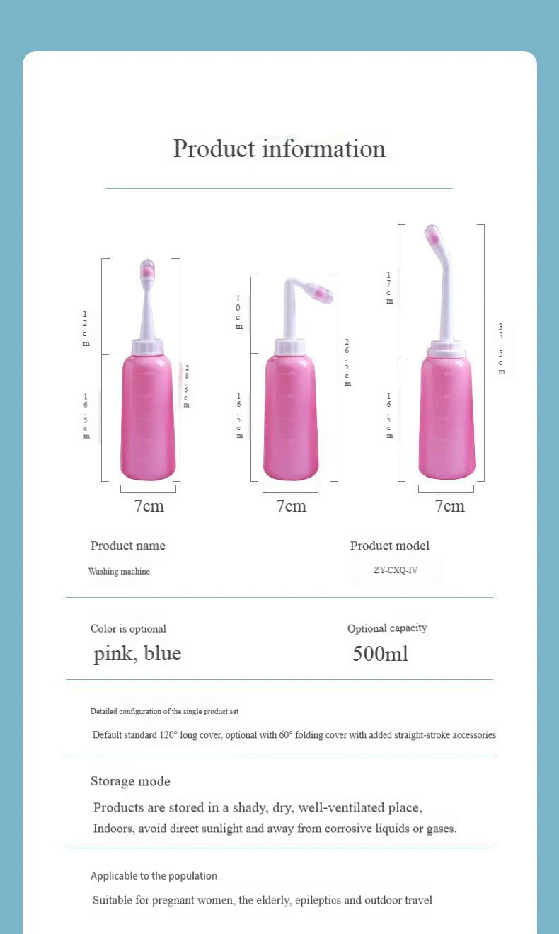 Product information card for a pink cleaning device with dimensions and capacity details.
