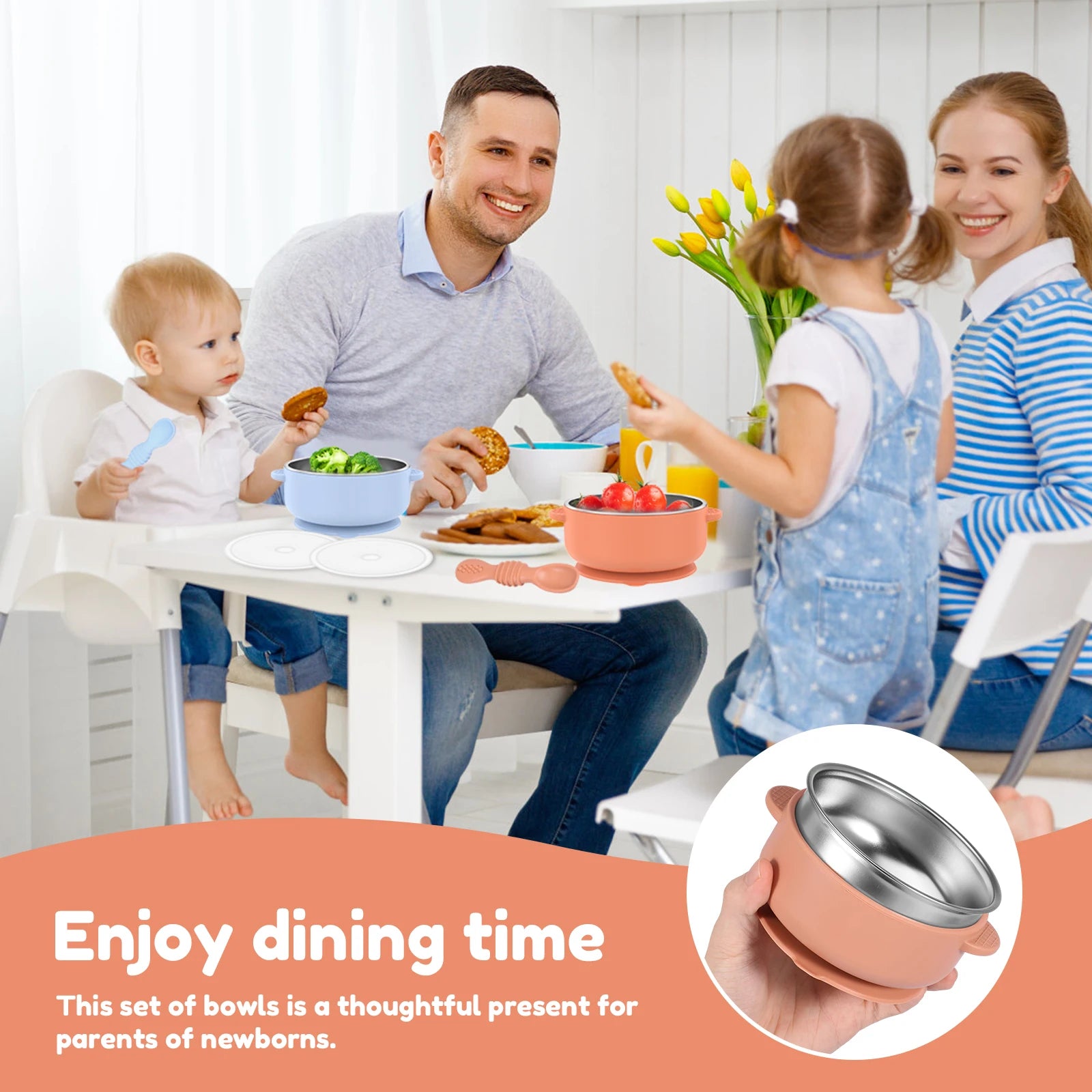 Family of four enjoying a meal together with a focus on a bowl set.