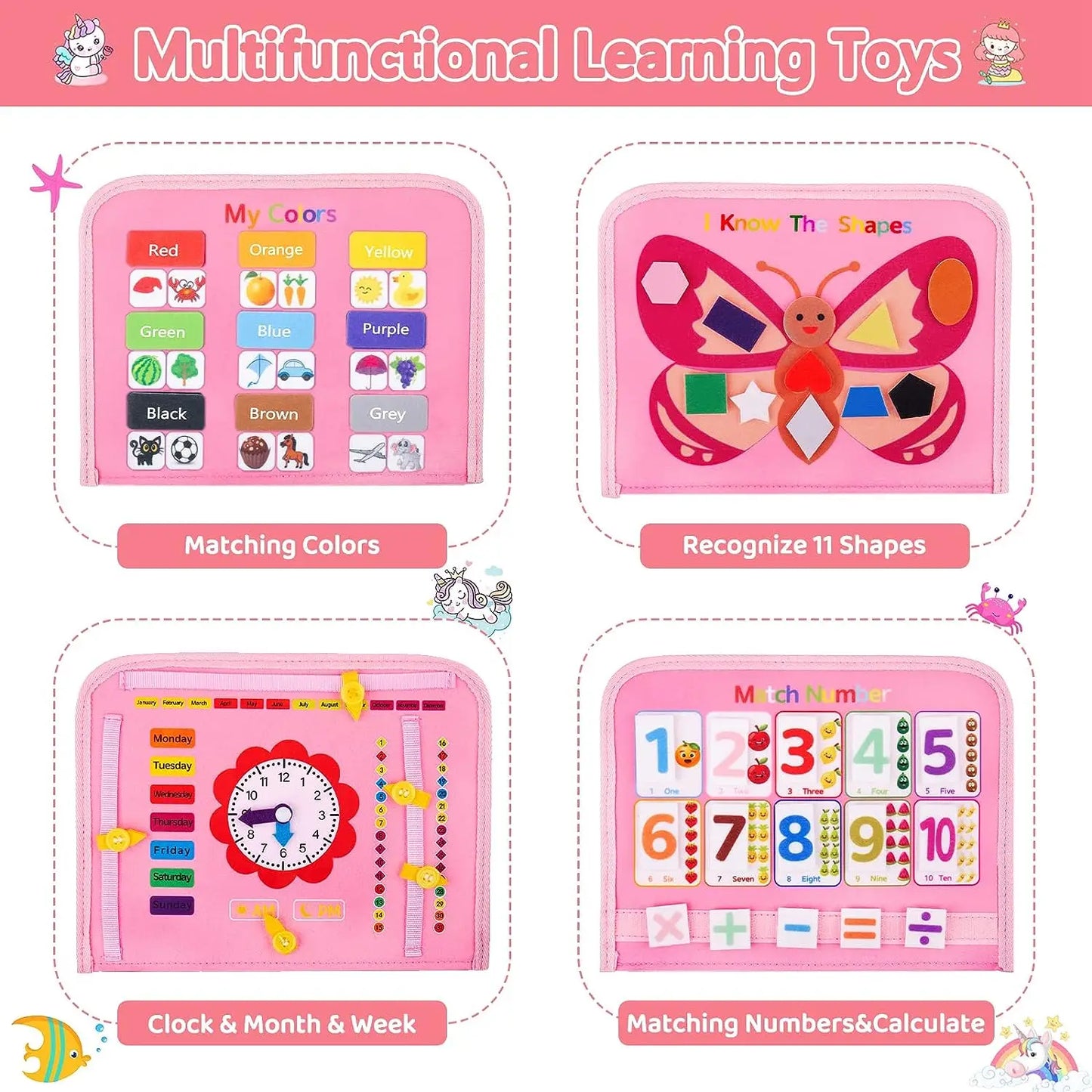 Set of pink educational toys for learning colors, shapes, numbers, and time on a pink background.