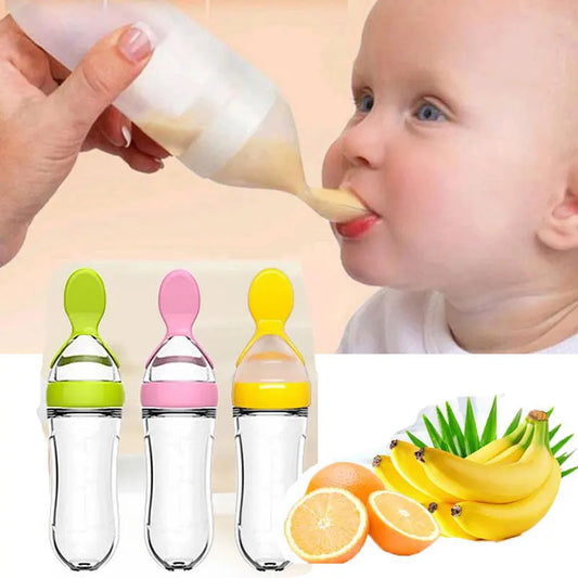 Silicone baby bottle with spoon in green, pink, and yellow; ideal for milk and cereal feeding. Brand: Nestacular.