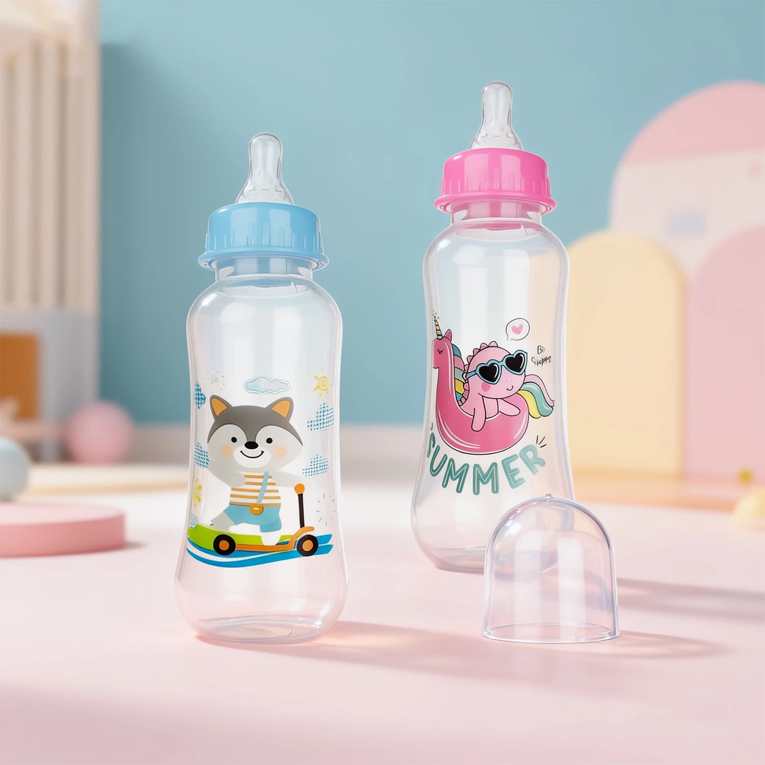 250ml BPA-free baby feeding bottles in pink and blue with anti-drop design and playful casual patterns.