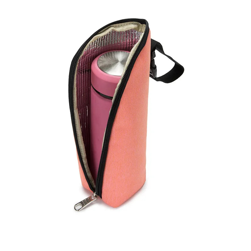Pink insulated bottle holder with a pink bottle inside on a white background