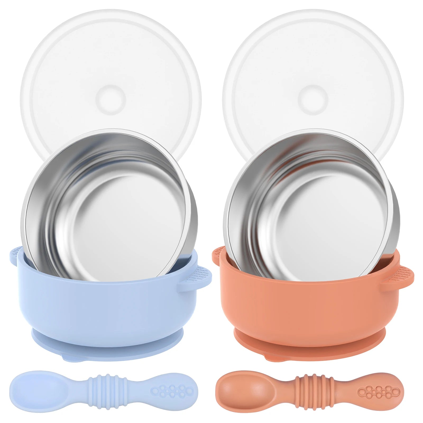 Two baby feeding bowls with silicone suction cups and spoons on a white background