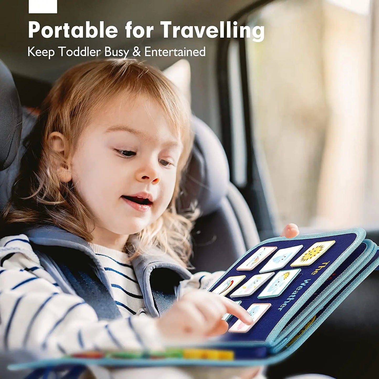 Child in a car seat using a portable educational book with text 'Portable for Travelling Keep Toddler Busy & Entertained'.
