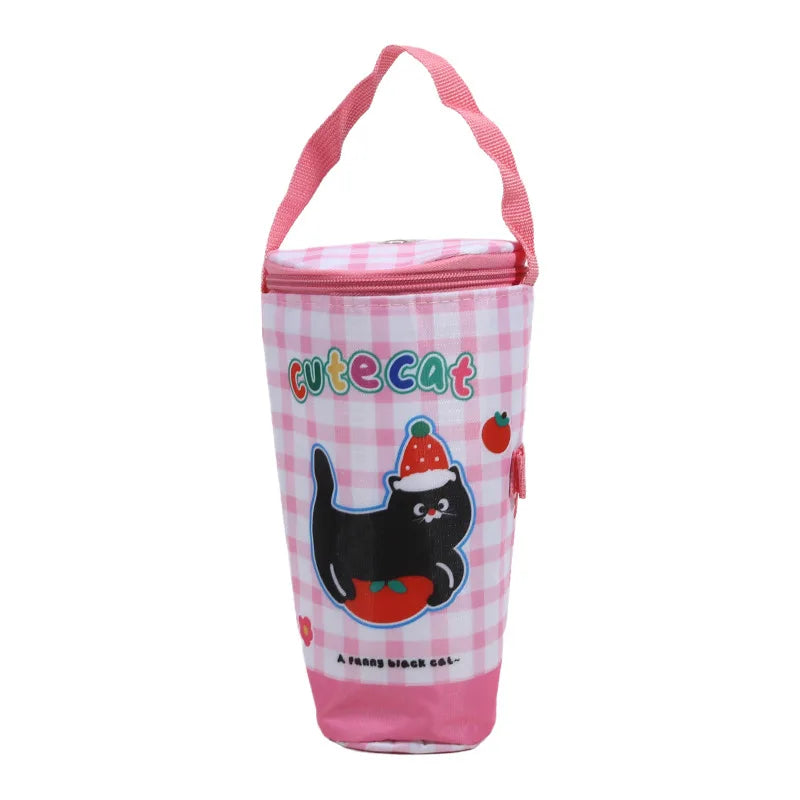 Pink checkered cooler bag with a cute cat design on a white background