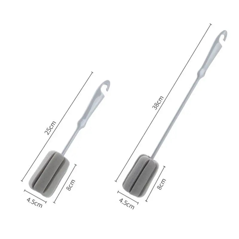 Two gray bottle brushes with measurements on a white background