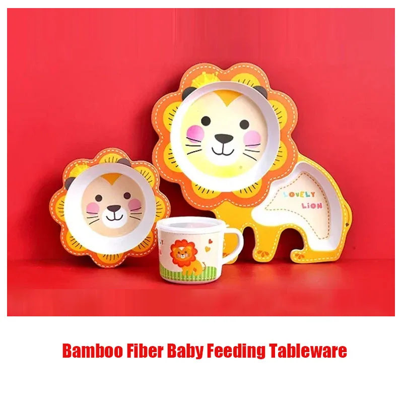 Children's plate, bowl, and cup set with lion design on a red background