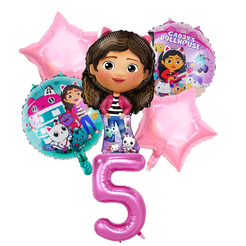 Set of balloons featuring a character from 'Gabby's Dollhouse' with a pink number '5'.