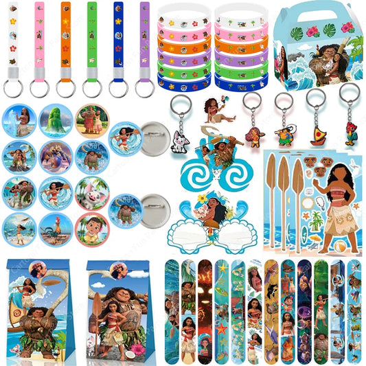 Moana-themed birthday party supplies set with slap bracelets, cake toppers, and tableware by Nestacular