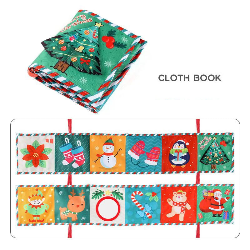 Colorful cloth book with Christmas-themed illustrations on a white background