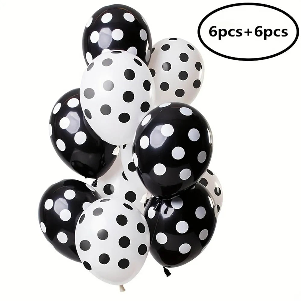 Bunch of black and white polka dot balloons with text indicating quantity on a white background