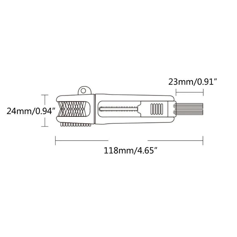 Measurement chart of a tool with dimensions labeled in millimeters and inches.