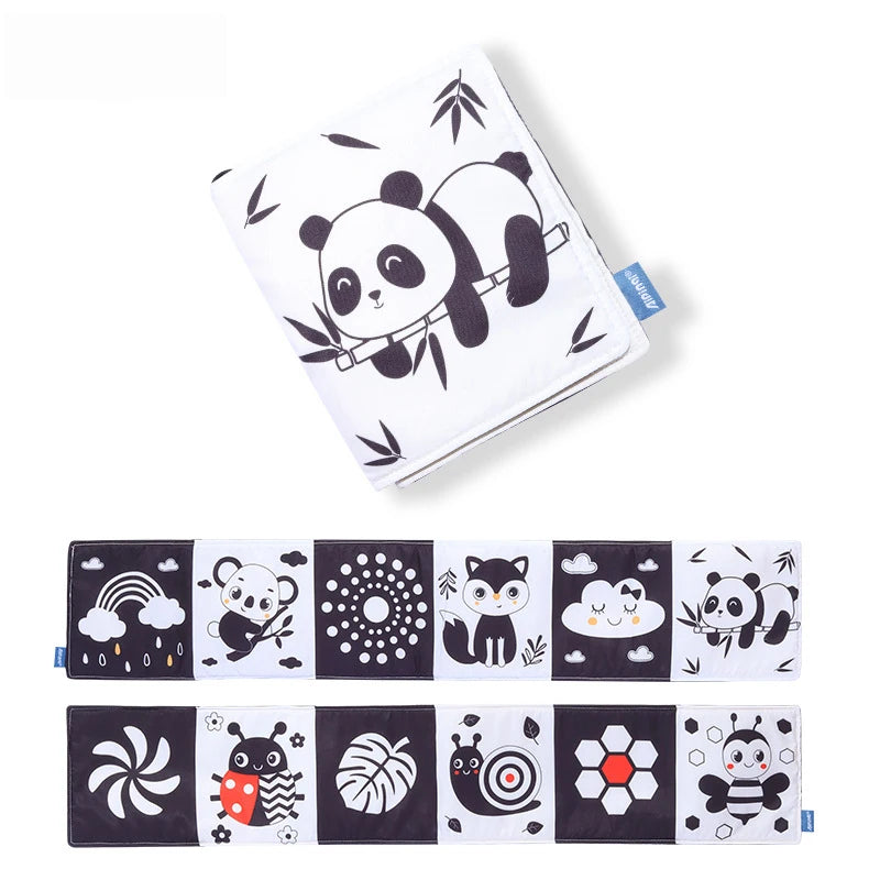 Set of black and white cards with panda and animal designs on a white background