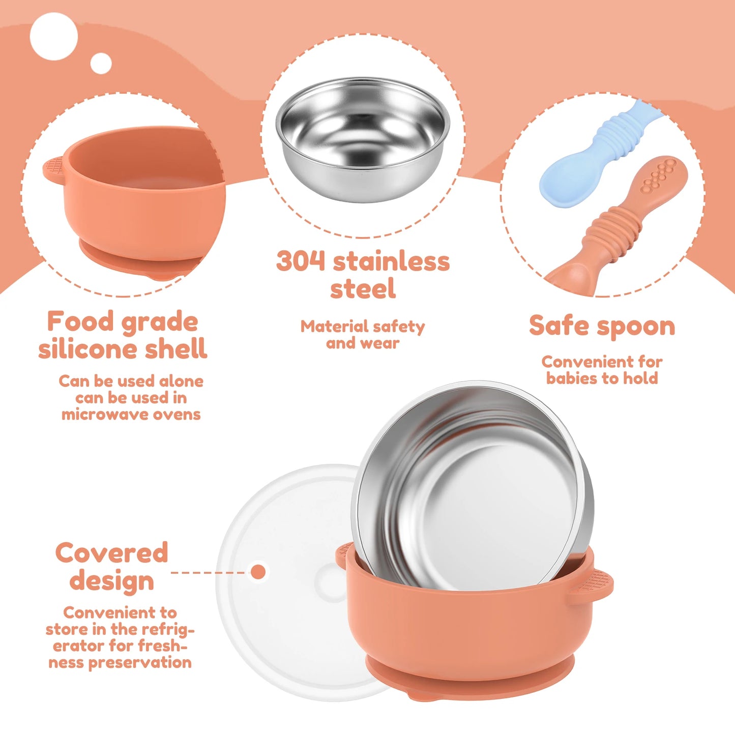 Infographic of baby feeding products with features highlighted on a peach background