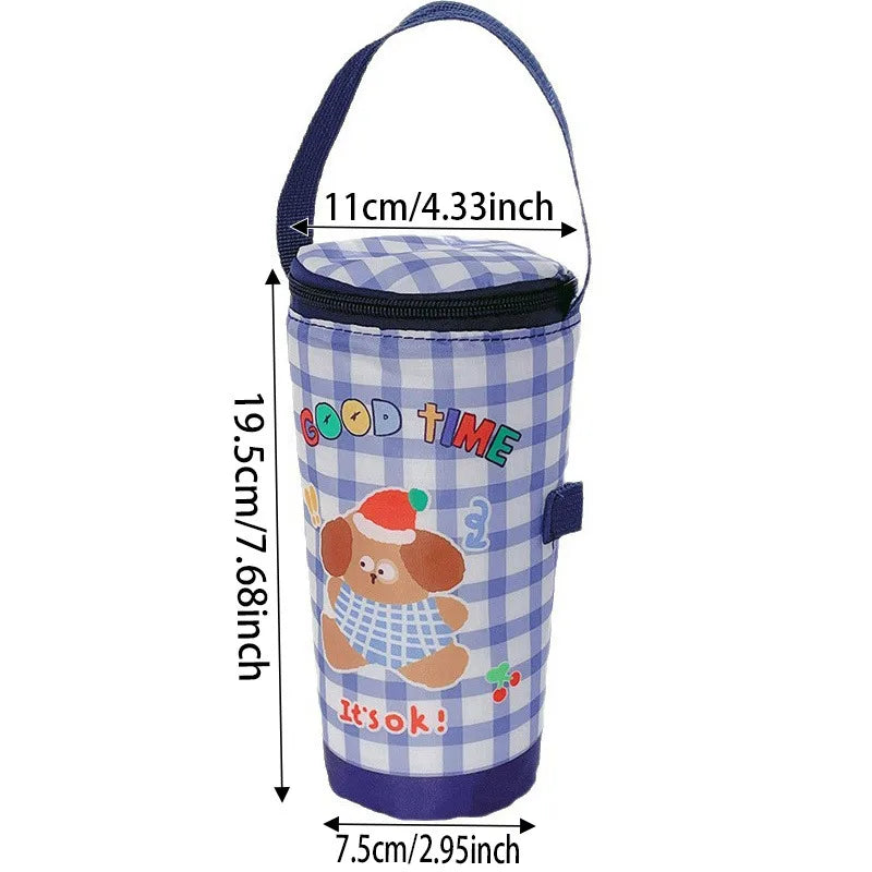 Blue checkered water bottle holder with cartoon bear design and measurements on a white background