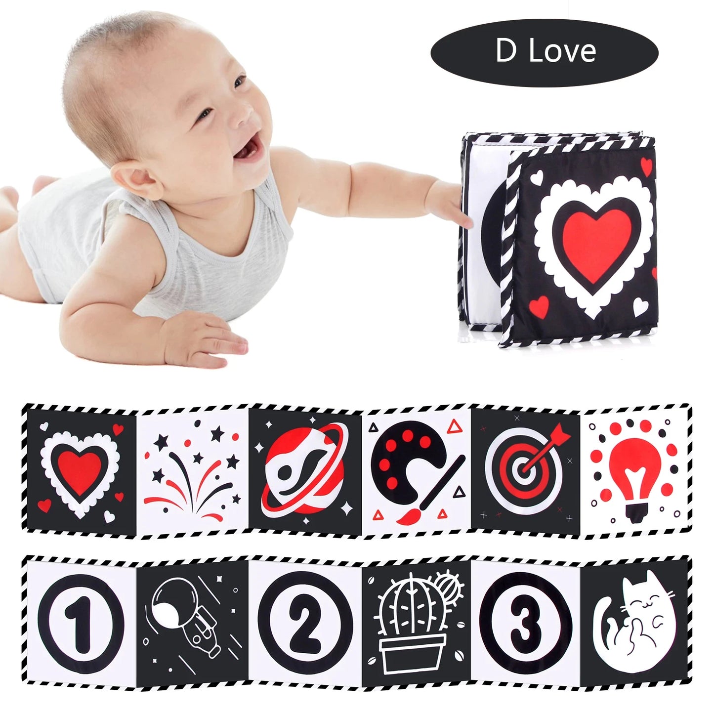 Baby playing with a soft book featuring hearts, numbers, and other designs.